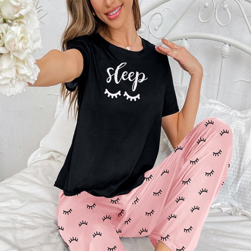 Women's Homewear Milk Silk Full Printed Letter Short Sleeve Long Pants Women's Pajamas Suit