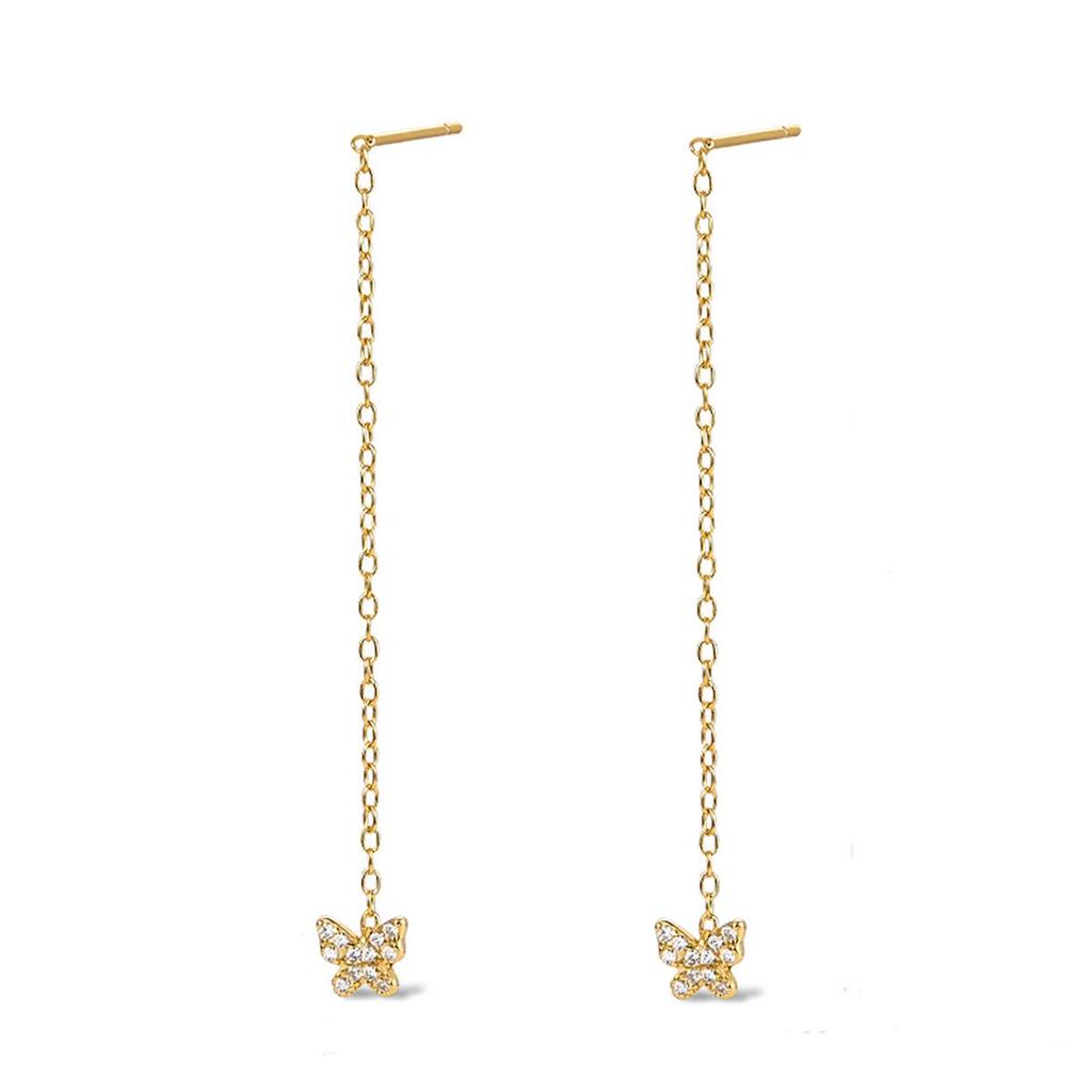 S925 Sterling Silver Butterfly Tassel Earrings with Zirconia