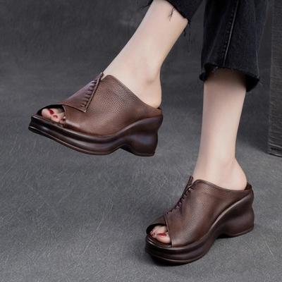 Pantofole in vera pelle con punta aperta e suola spessa Sandali retrò Comode scarpe casual da donna