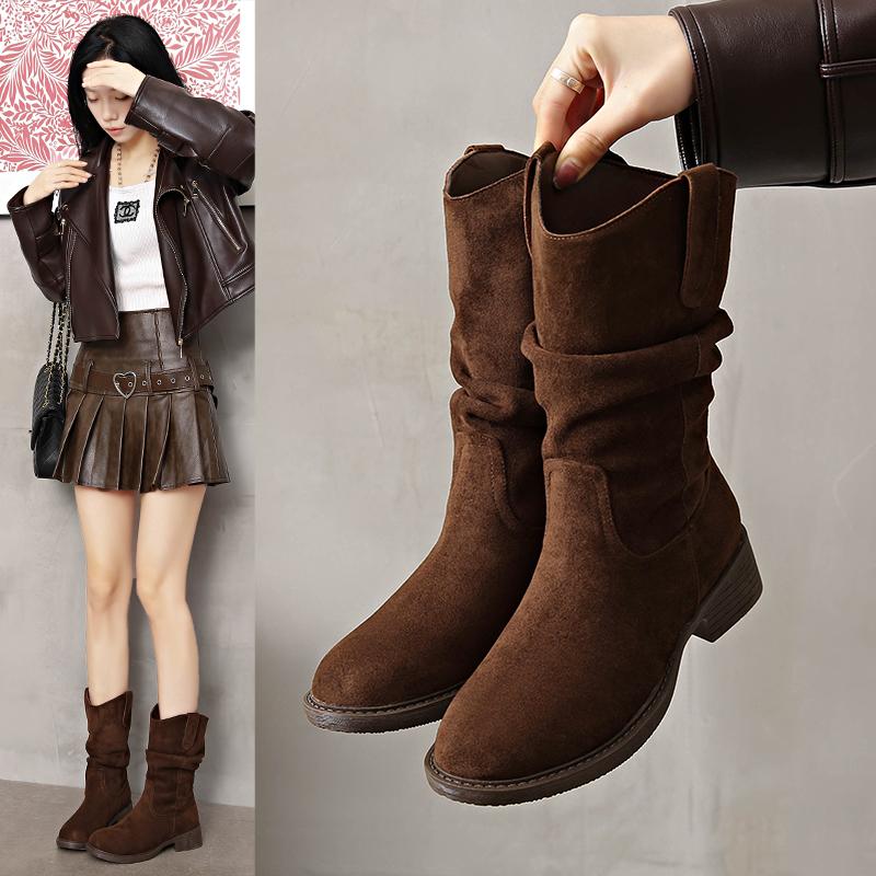 

Модные Роскошные Женские Плиссированные Ботильоны на Высоком Каблуке Осень Новые С Острым Носком Коричневые Ковбойские Сапоги Женские Ботильоны из ПУ Кожи 35