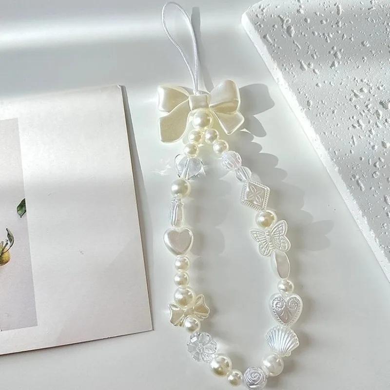 1Pc Pearl Love Heart Bow Beads Cellphone Decor Chain Charm Lanyard Universal Accessories Jewelry Pendant Strap Women Girls