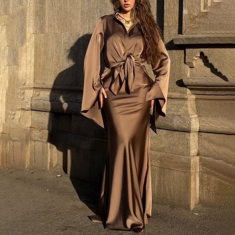 

In Stock Cross-Border European and American Foreign Trade Women clothes 2025 Spring New Polo Collar Satin Shirts Elegant Skirt sets CHESTNUT XL