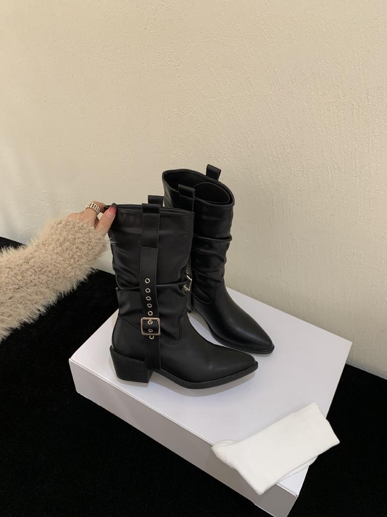 European and American retro Maillard thick-heeled short boots pleated piled boots women's 2025 autumn and winter new western mid-tube knight boots