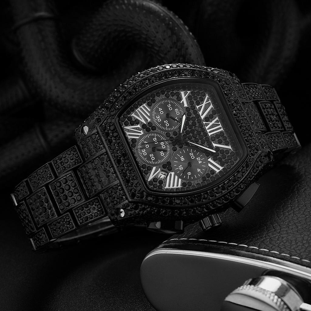 Gold Watch For Men Hip Hop Bling Bling Tonneau Quartz Watches For Large Man Waterproof Millerable Hand Clock Gift