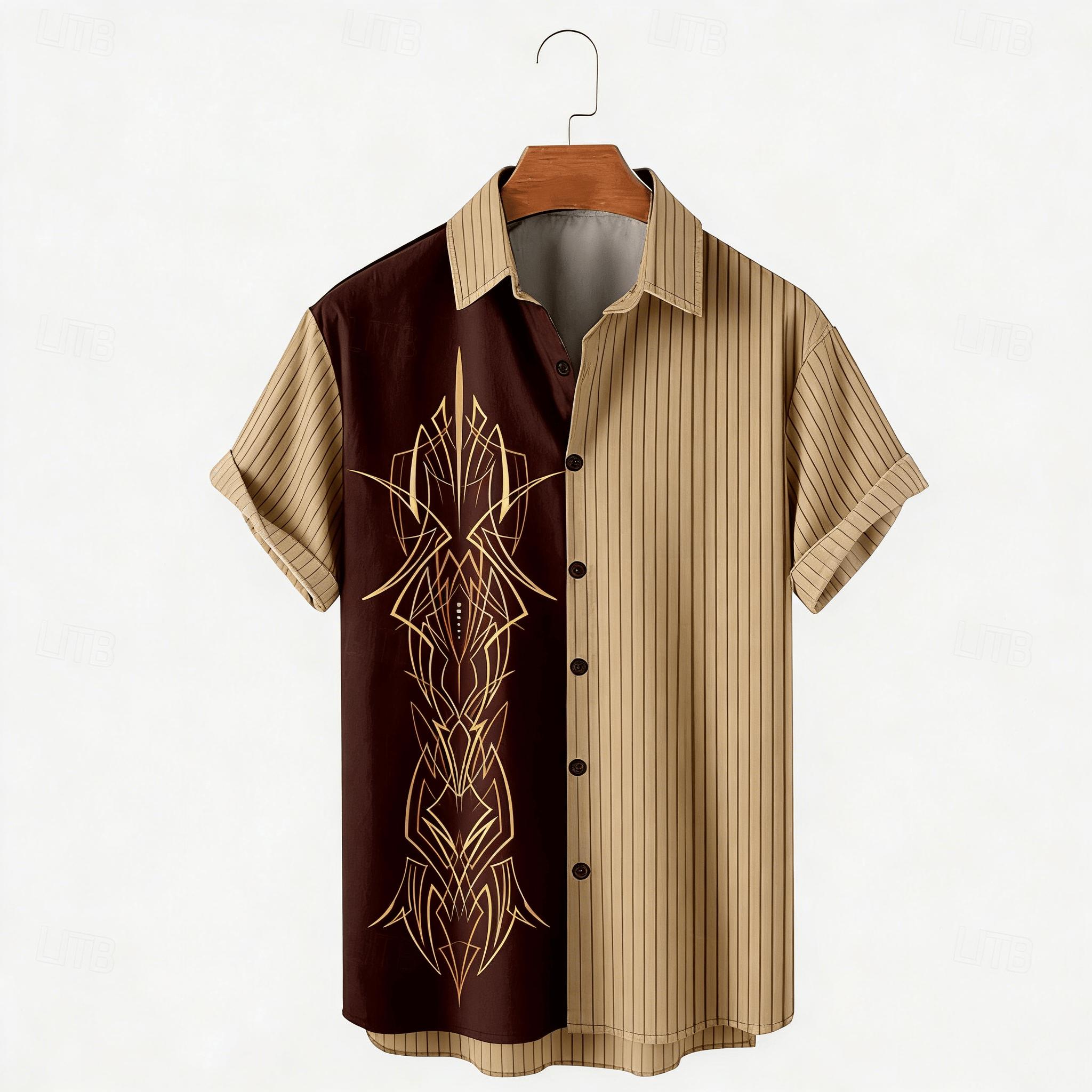 Retro Contrasting Vertical Stripe Shirt Gold Totem Short Sleeved Men s Loose Summer Daily Shirt S