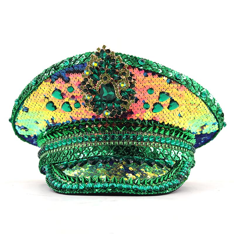 

Women Sequin Burning Green Bride Military Hat Handmade Sailor Captain Sergeant Hat Birthday Festival Part Hat