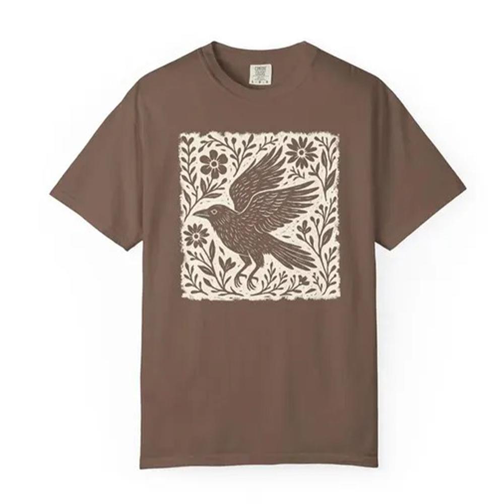 Retro Folklore Waldkrähe Linolschnitt Hemd Volkskunst Linolschnitt Krähe T-Shirt Kurzarm Baumwolle Unisex Y2K Lässiges Oberteil Streetwear