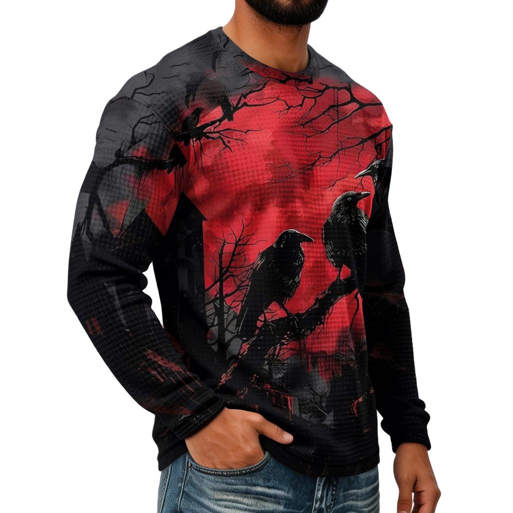 Men's Casual Knit Long Sleeve Neck T-Shirt with Halloween Print for Parties and Fall Daily Wear