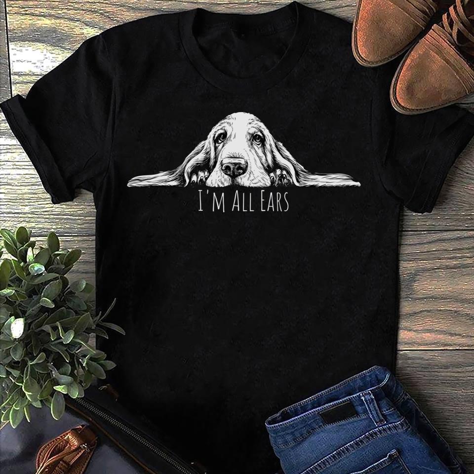 Basset Hound T-Shirt I m All Ears Funny Dog Lover Women T Shirts Cotton Tops S чёрный