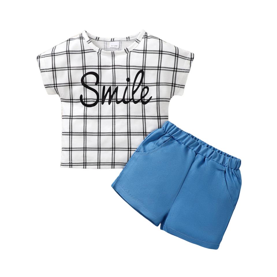 Baby Girl 2PCS Fashion Summer Outfit Set Plaid Letter Print Short Sleeve T-Shirt + Solid Shorts for 0-3Y Casual Toddler Clo 6-9M синий/белый