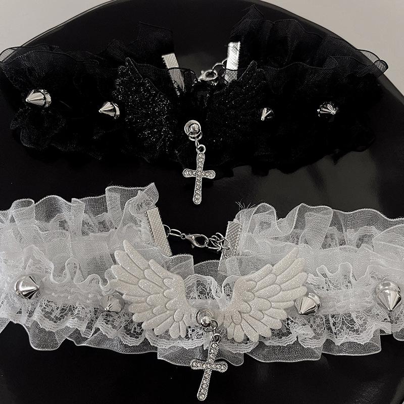 Fashion Solid Color Women Girls Necklace Wide Lace Rivets Lolita Lace Choker Y2K Angel Wings Cool Leather Necklace