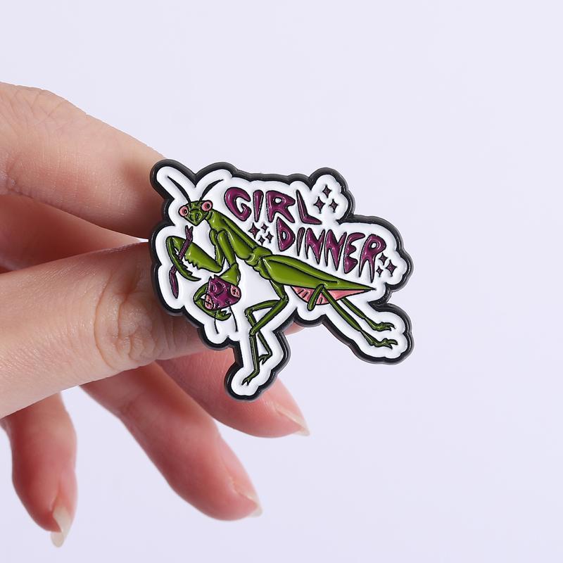 Girl Dinner Enamel Pins Cartoon Praying Mantis Brooch Lapel Badges Cute Insect Feminist Women Power Jewelry Gift for Friends
