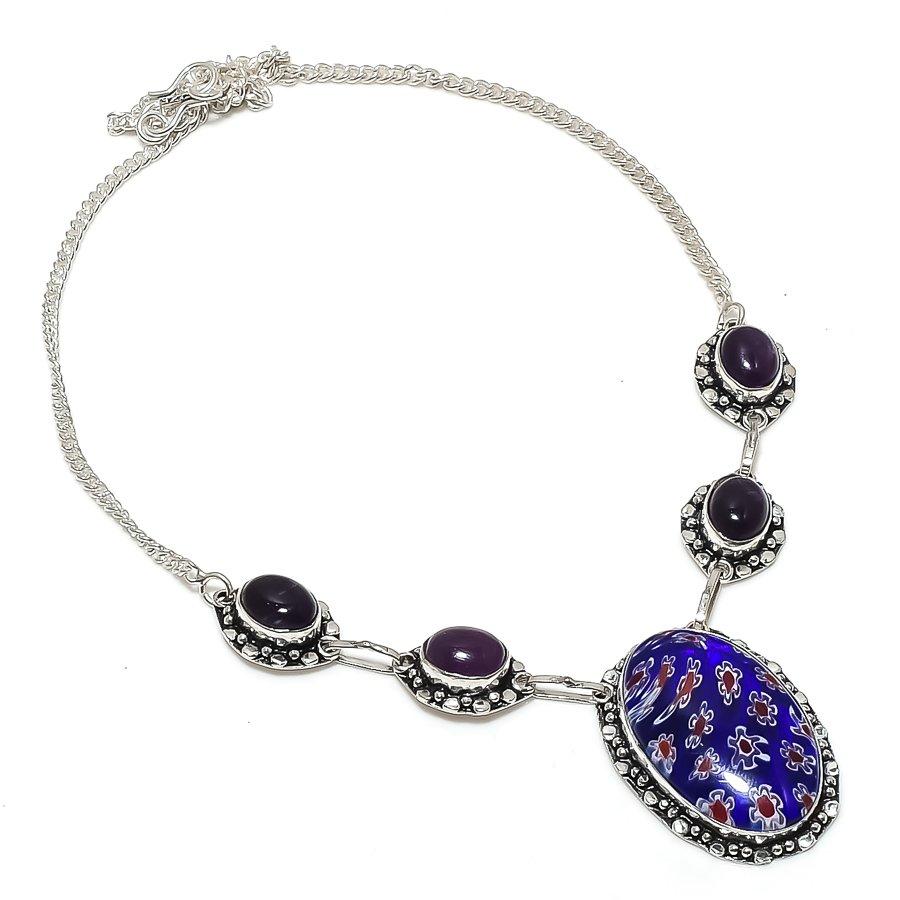 Natural Muurano Glass, Amethyst 925 Sterling Silver Jewelry Necklace 18" H0K16