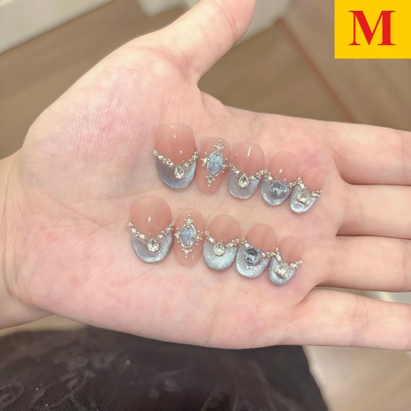10 Stück Niedliche Katzenauge Mandel Falsche Nägel Blau Glänzend mit Kleinen Strasssteinen Nagelkunst Nude Farbe Kurz Oval Fertige Maniküre für Mädchen