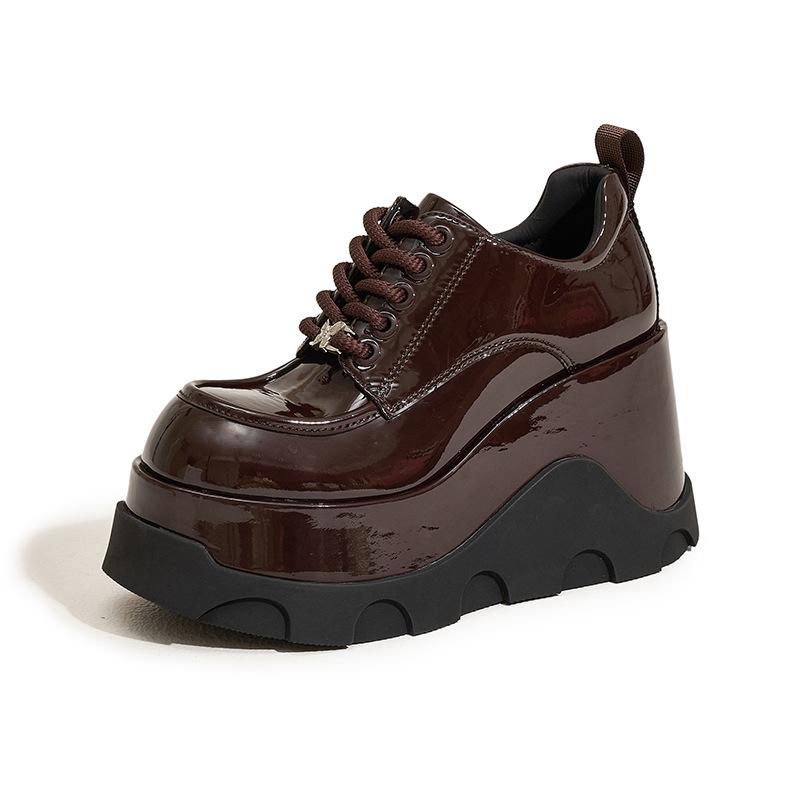 

Platform loafers women s 2025 spring new wedge heel black 10CM heightening women s shoes versatile British style small leather shoes 39