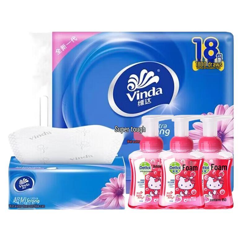 Dettol Cherry Foam Antibacterial Hand Wash (3x250ml) with Vinda Tissues (18-Pack)