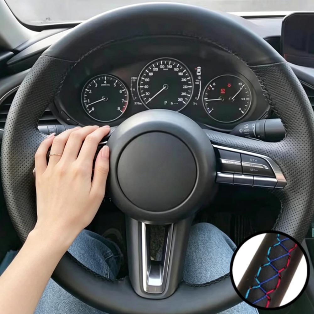 Hand Stitched Wear Resistant Perforated Non-slip Microfiber Leather Steering Wheel Cover For Mazda 3 CX-30 CX30 2020-2023