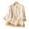 Artistieke Retro Kant Patchwork Dames Top: Katoen-linnen blouse met zeven mouwen en zware borduurwerken.