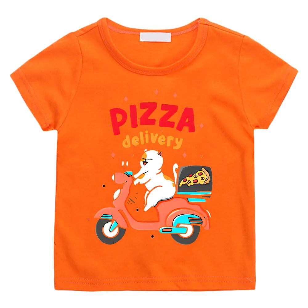 Kids Cotton T-shirt Fun Pizza Delivery Cartoon Print Pattern Baby Clothes Boy Girl Children Tee-shirt Funny Short Sleeve Tees Tops
