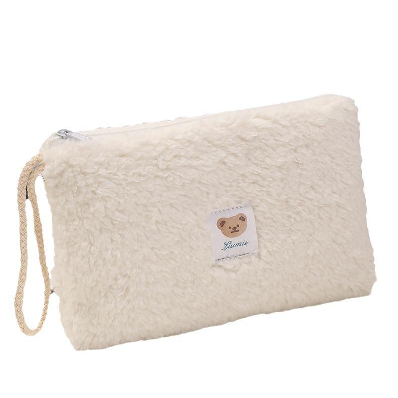 Geantă portabilă de pluș pentru depozitarea cosmeticelor - Logo drăguț cu ursuleț, capacitate mare, stil modern, perfectă pentru călătorii