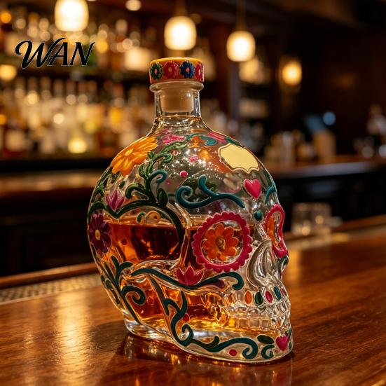 Day Of The Dead Decanter Gothic Skull Decanter, Hand Painted Glass Liquor Bottle with Floral Halloween Decor Design, 3D Carved Wine Dispenser for Home