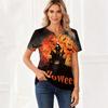 Women Casual V Neck Button Front Halloween Print T Shirt Top Three Quarter Sleeve Lightweight Soft Fabric Relaxed Fit