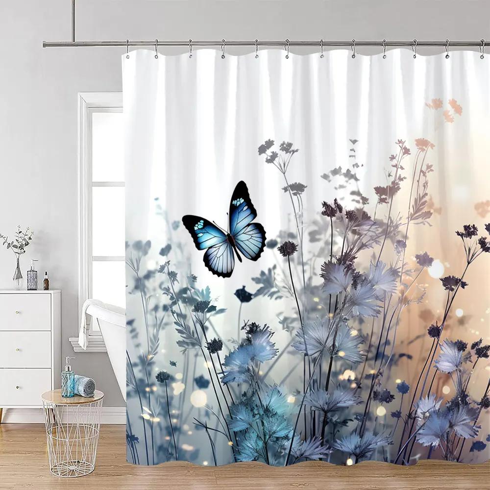 Floral Butterfly Shower Curtains Black and White Flowers Botanical Watercolour Art Modern Minimalist Bathroom Curtain Decor Sets