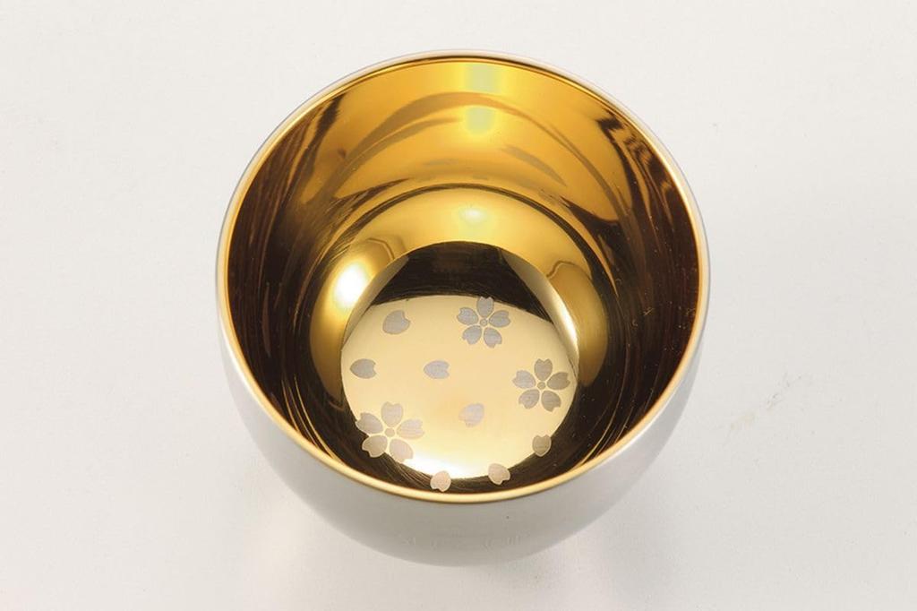 Japanese Sake Stainless Sakura 58ml 24K Gold Made In Japan J-kitchens-SimpleBag Glass, 18-8 Steel, Double-Walled, Design, (Inner Plated),