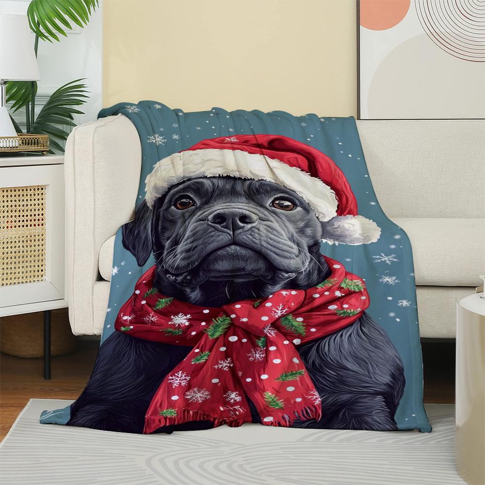 Christmas Bulldog Fleece Blanket, Festive Santa Hat & Snowflake Scarf Throw Blanket, Soft Cozy for Winter Holida Pet Lover Gift 75cmx90cm