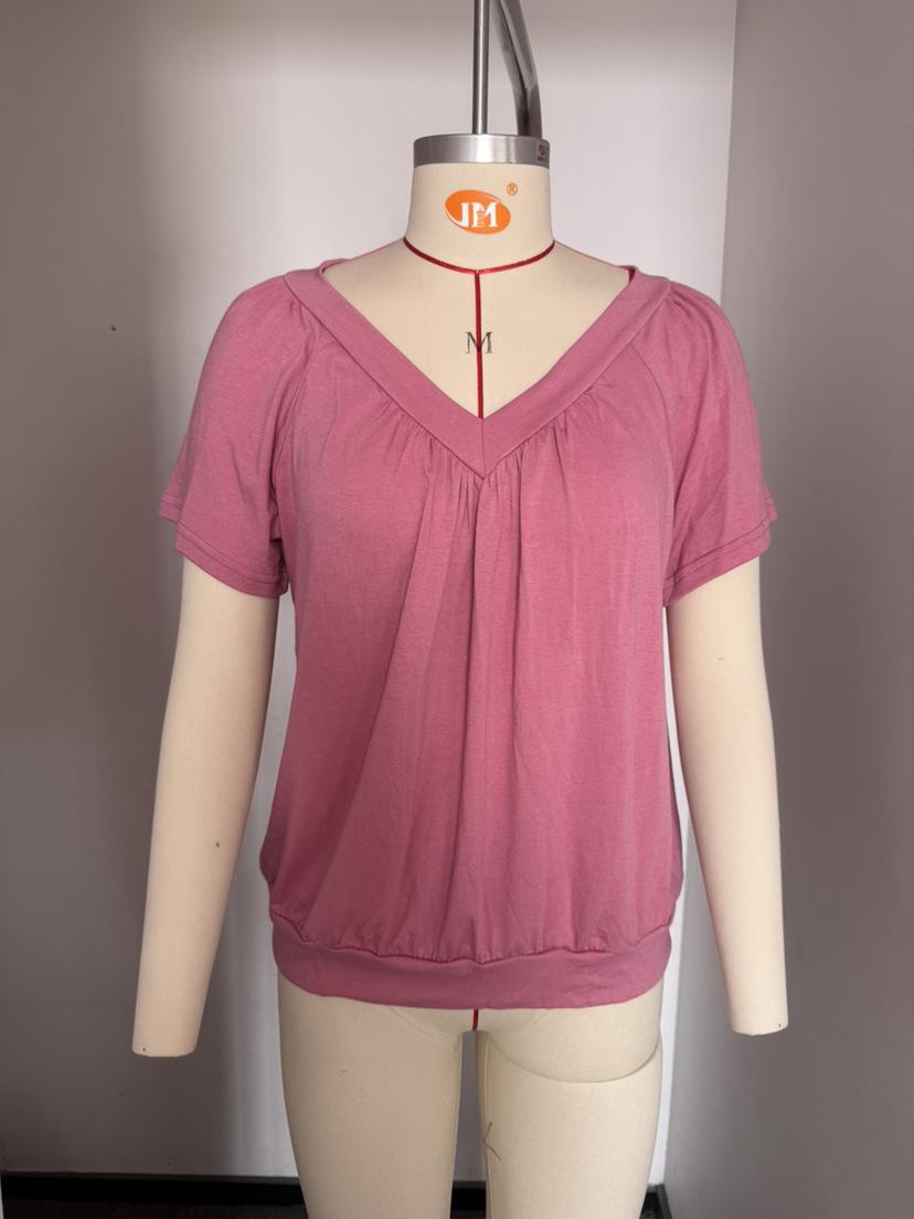 

2025 лето женская новая V-образным вырезом плиссированная свободная хлопковая футболка с короткими рукавами женская XXL