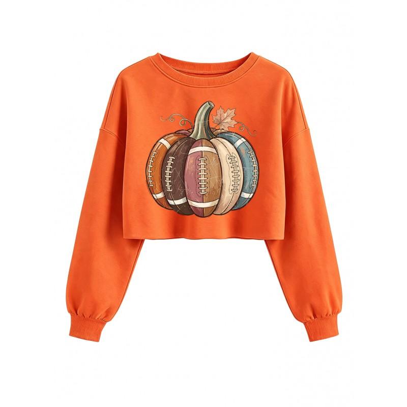 Womens Cropped Sweatshirt Rugby Pumpkin Maple Print Casual Loose Fit Long Sleeve