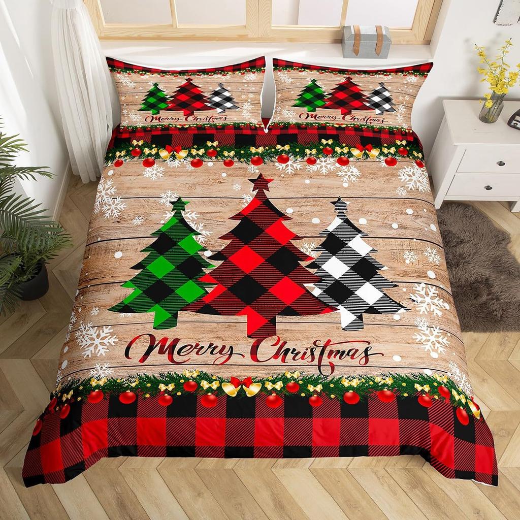 Pink Plaid Christmas Tree Three-Piece Quilt Cover 3D Digital Printing Bedding Set Bed Cover