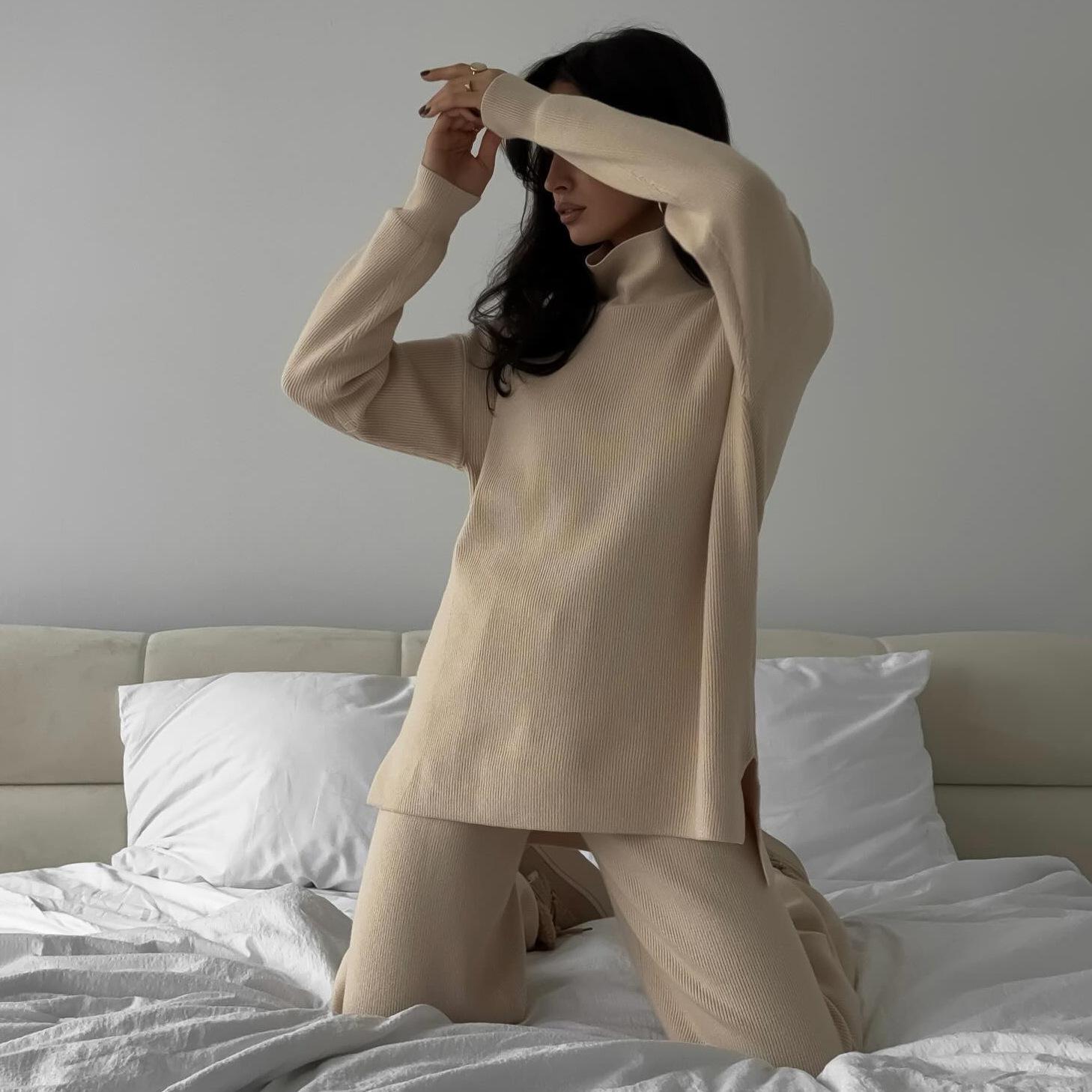 

Cross Border Hot Set For Women Clothing With Casual And Single Color High Otten Knitted Long Sleeve Set L бежевый