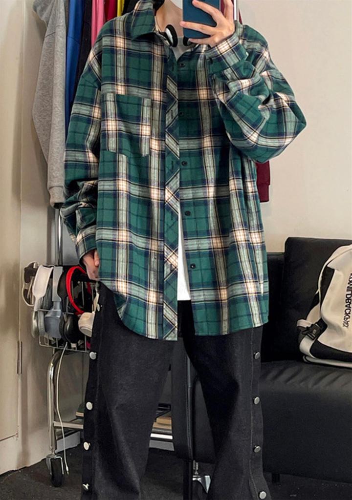 EIDEFE Long Sleeve Check Shirt with Chest Size 5XL Men's Loose-Fit Pocket, Classic, Popular, Casual, Breathable, Slimming, Flattering, Green,