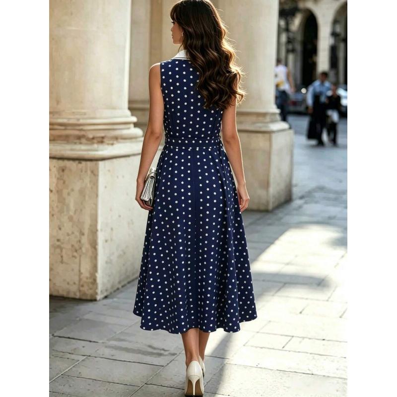 European French elegance temperament navy blue polka dot POLO neck sleeveless waist long dress