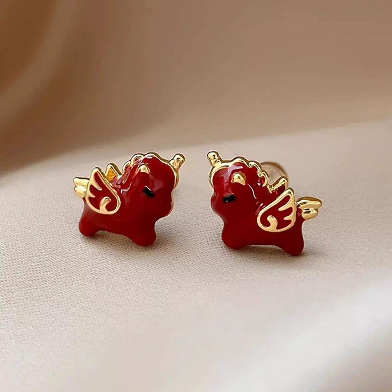 S925 sterling silver needle red natal year pony stud earrings women s light luxury earrings earrings