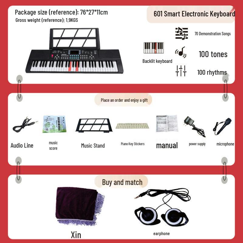 Beginner 61-Key Electronic Keyboard Piano for Home Use and Students