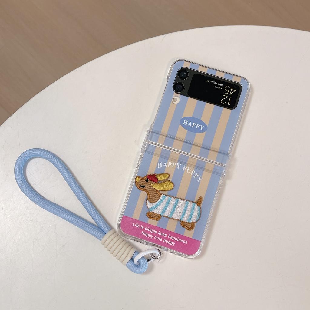 Nové skládací pouzdro na telefon s vyšívaným kresleným motivem jezevčíka pro Galaxy Z Flip 3 4 5 6 roztomilé pouzdro na telefon pro dívky