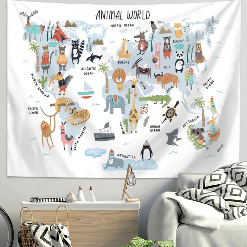 Arazzo Mappa del Mondo Animali Cartoni Animati Poliestere da Appendere alla Parete Tessuto di Sfondo Educativo per Stanza Bambini Asilo Nido Camera da Letto Decorazione