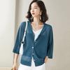 Women V Neck Patchwork Knit Cardigan 3/4 Batwing Sleeve Thin Open Front Sun Protection Casual Knitted Outerwear