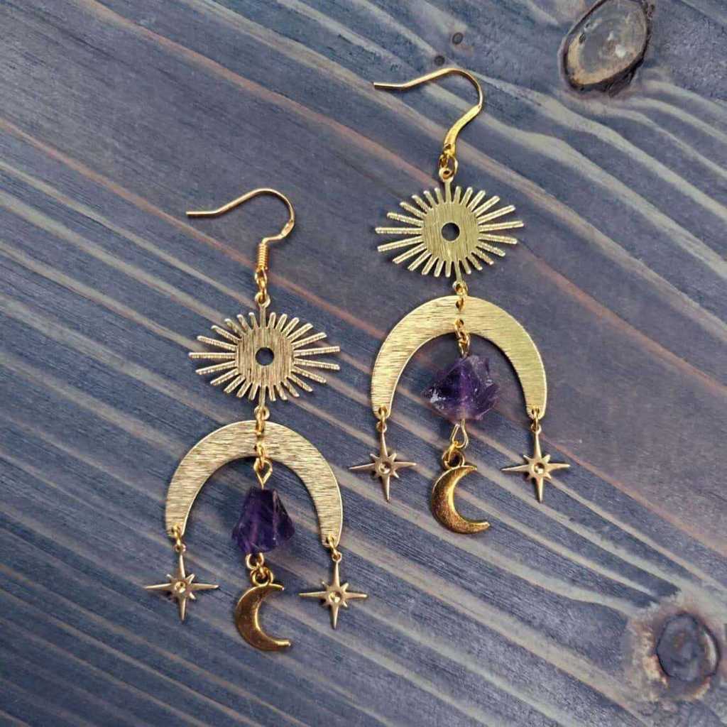 Sun Pendant Earrings With Natural Amethyst Gems For Children Jewelry Fashion