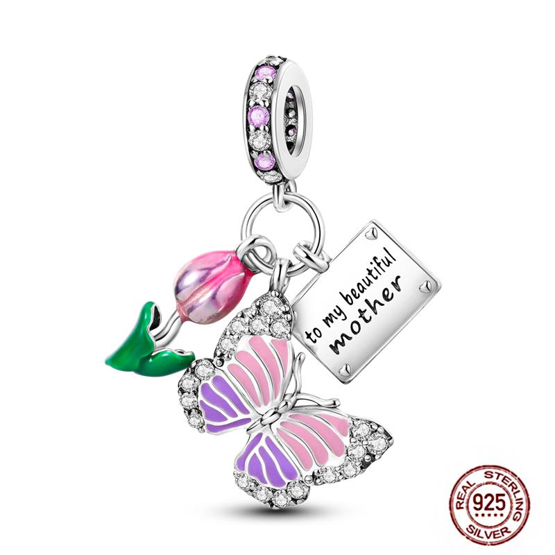 Copper Charms Great Love Mother Family Sister Pink Heart Tulip Cha Beads Fit Original Bracelet Diy Mother'S Day Jewelry Gift