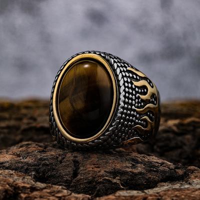 Mens Fashion Flame Pattern Ring Tiger Eye Inlay Stainless Steel Jewelry