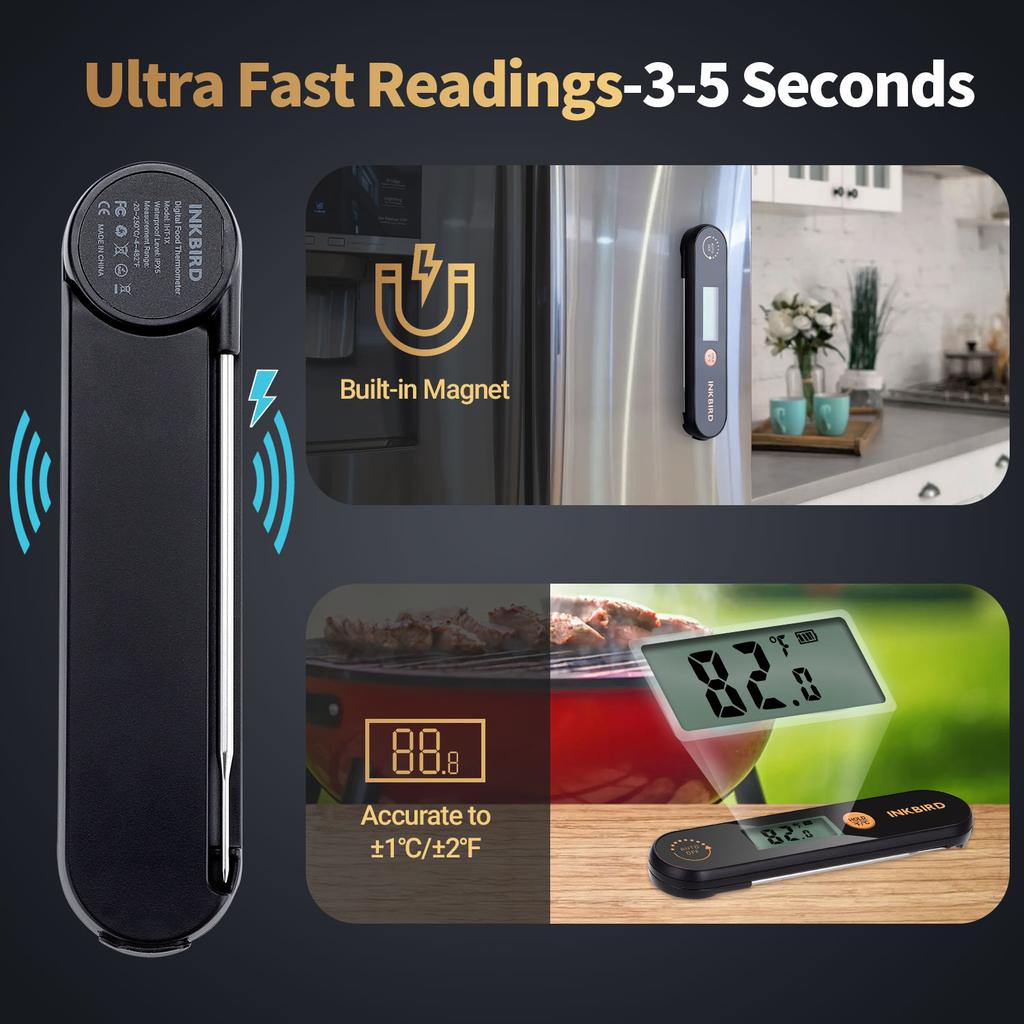 Meat Thermometer with Foldable Probes IPX5 Waterproof Rechargeable Digital Food Thermometer for BBQ,Deep Fry