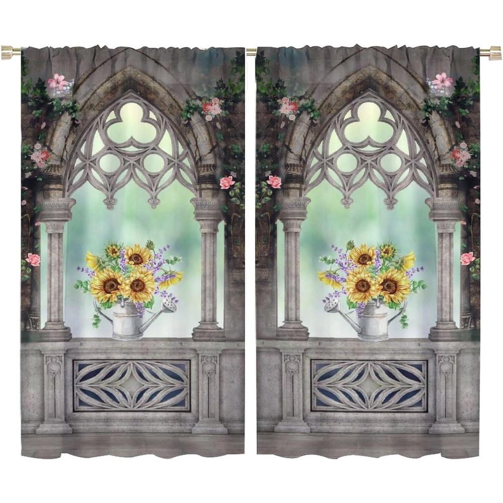 2 Panels Vintage Castle Arch Window Curtains - Thermal Insulated Blackout Thermal Insulated Filtering Privacy Sheer Curtains wit