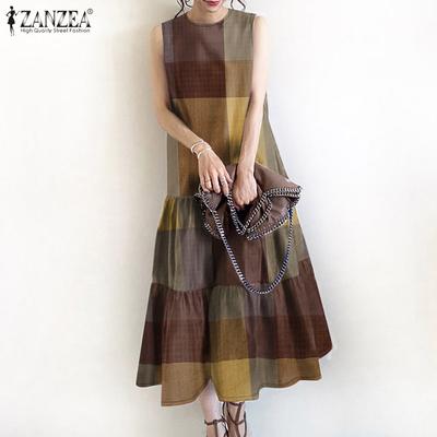 Women Casual O-neck Sleeveless Summer Plaid Tank Dress