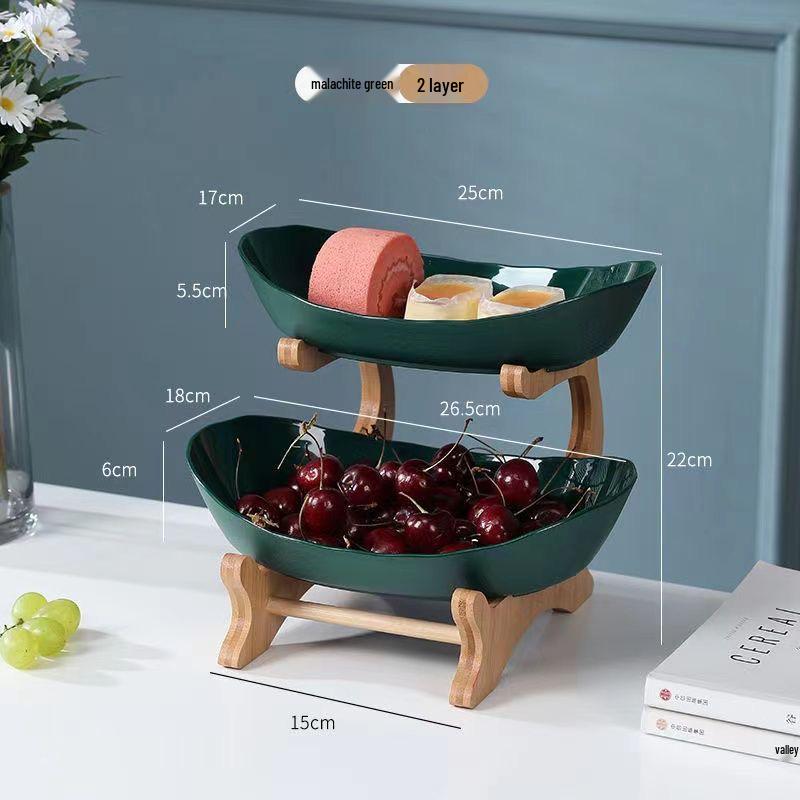 Soporte de Frutas y Pasteles de Madera de Doble Capa con Función de Drenaje