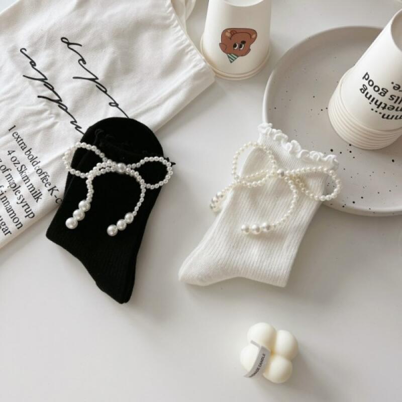 Pearl Ribbon Black White Socks Ankle Mid-Calf Retro Ribbon black