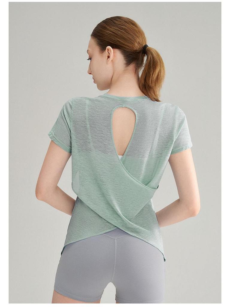 High-End Damen Slub Garn Aushöhlung Rücken Outdoor Sport Top – Atmungsaktiv, Rundhalsausschnitt, Kurzarm Fitness Yoga Überwurf für den Sommer.