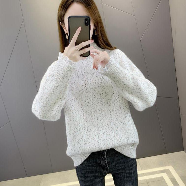 Lace Half High Collar Sweaters Women's Autumn and Winter Large Size Loose Bottom Knitted Pullovers Casual Print Jumpers